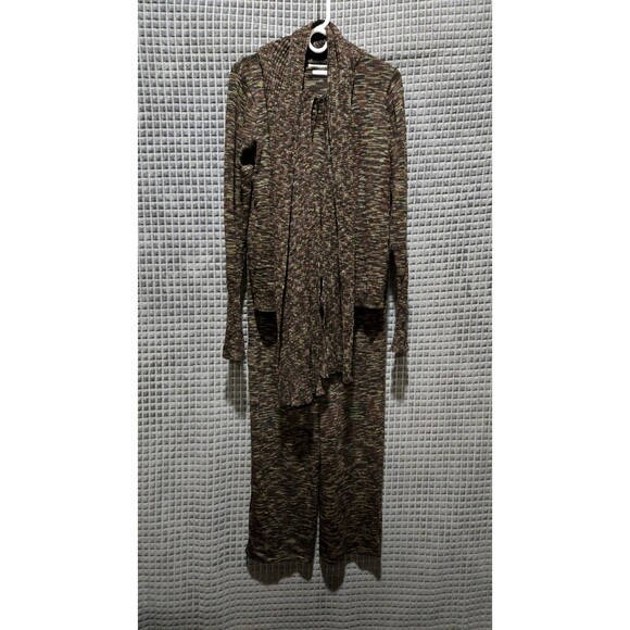 VTG Thin Knit 3pc Set Stretch Sm-Lg Artsy Brown Jacket Top Pants Boho Chic Y2K - Picture 3 of 16
